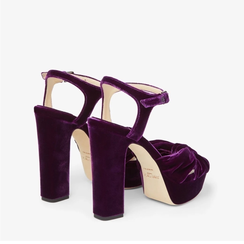 Jimmy Choo Heloise Cassis Velvet Platform Heels - Picture 2 of 11